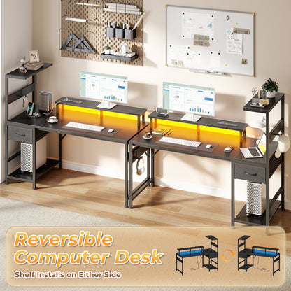 Korfile 54" Computer Desk with Power Outlets, LED, Side Hooks, CPU Stand
| 220-lb Load Capacity, Zero Wobble, Reversible Home Office Desk with Monitor Stand, Storage Shelves for Bedroom, Study Room