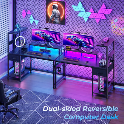Korfile 48" Gaming Desk with Power Outlets, LED, Carbon Fiber Black Finish
| 220-lb Load Capacity, Zero Wobble, Reversible Computer Desk with Monitor Stand, CPU Stand, Side Hooks, Also for Home Office