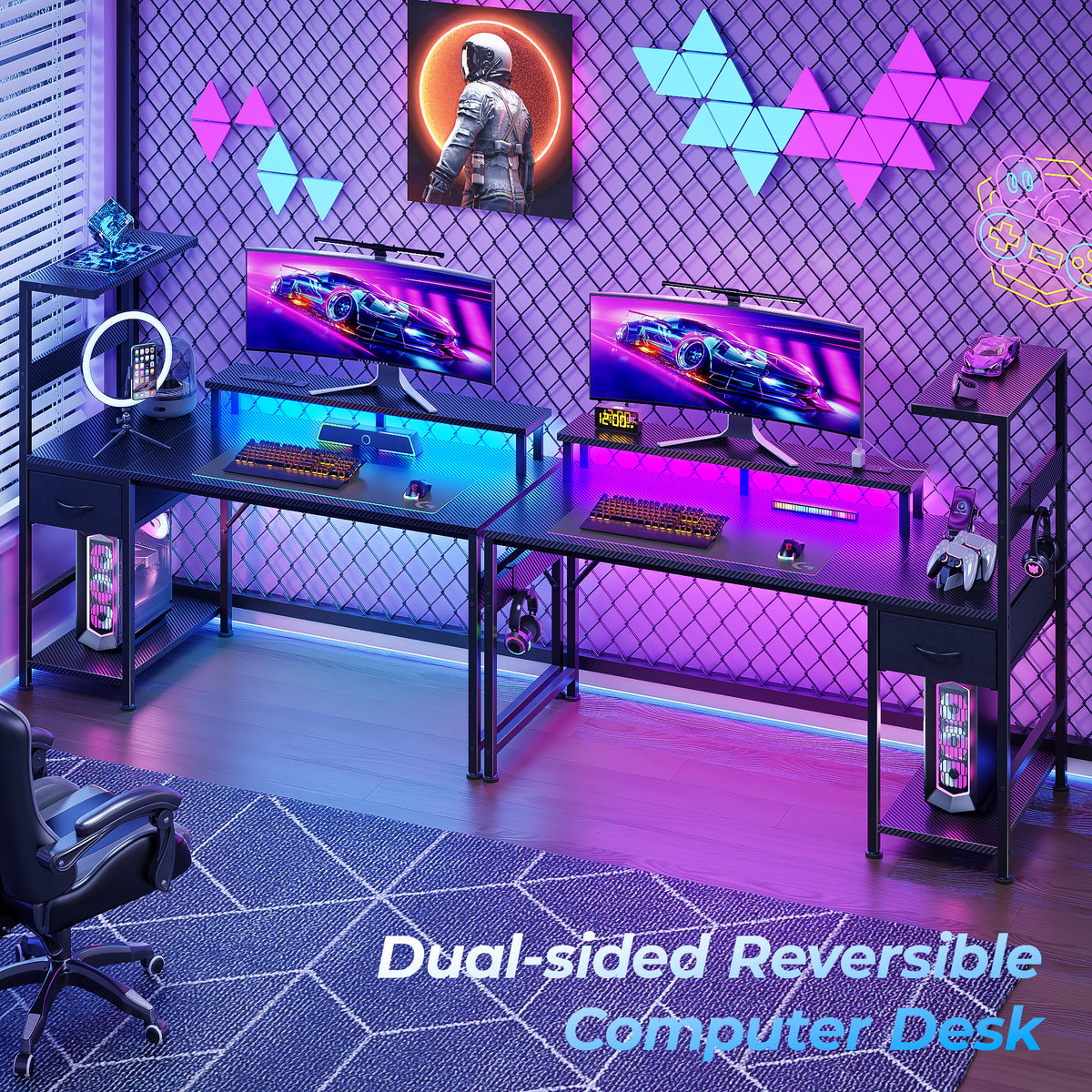 Korfile 54" Gaming Desk with Power Outlets, LED, Carbon Fiber Black Finish
| 220-lb Load Capacity, Zero Wobble, Reversible Computer Desk with Monitor Stand, CPU Stand, Side Hooks, Also for Home Office