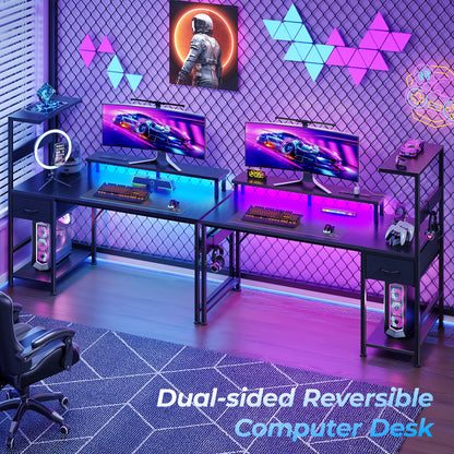 Korfile 54" Gaming Desk with Power Outlets, LED, Carbon Fiber Black Finish
| 220-lb Load Capacity, Zero Wobble, Reversible Computer Desk with Monitor Stand, CPU Stand, Side Hooks, Also for Home Office