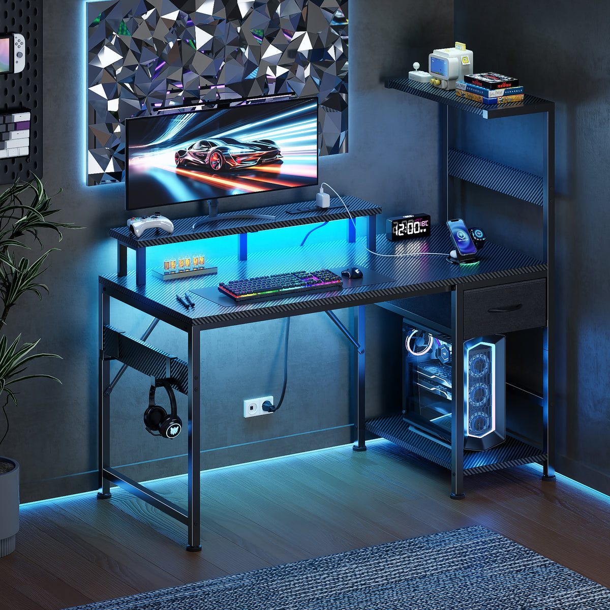 Korfile 48" Gaming Desk with Power Outlets, LED, Carbon Fiber Black Finish
| 220-lb Load Capacity, Zero Wobble, Reversible Computer Desk with Monitor Stand, CPU Stand, Side Hooks, Also for Home Office