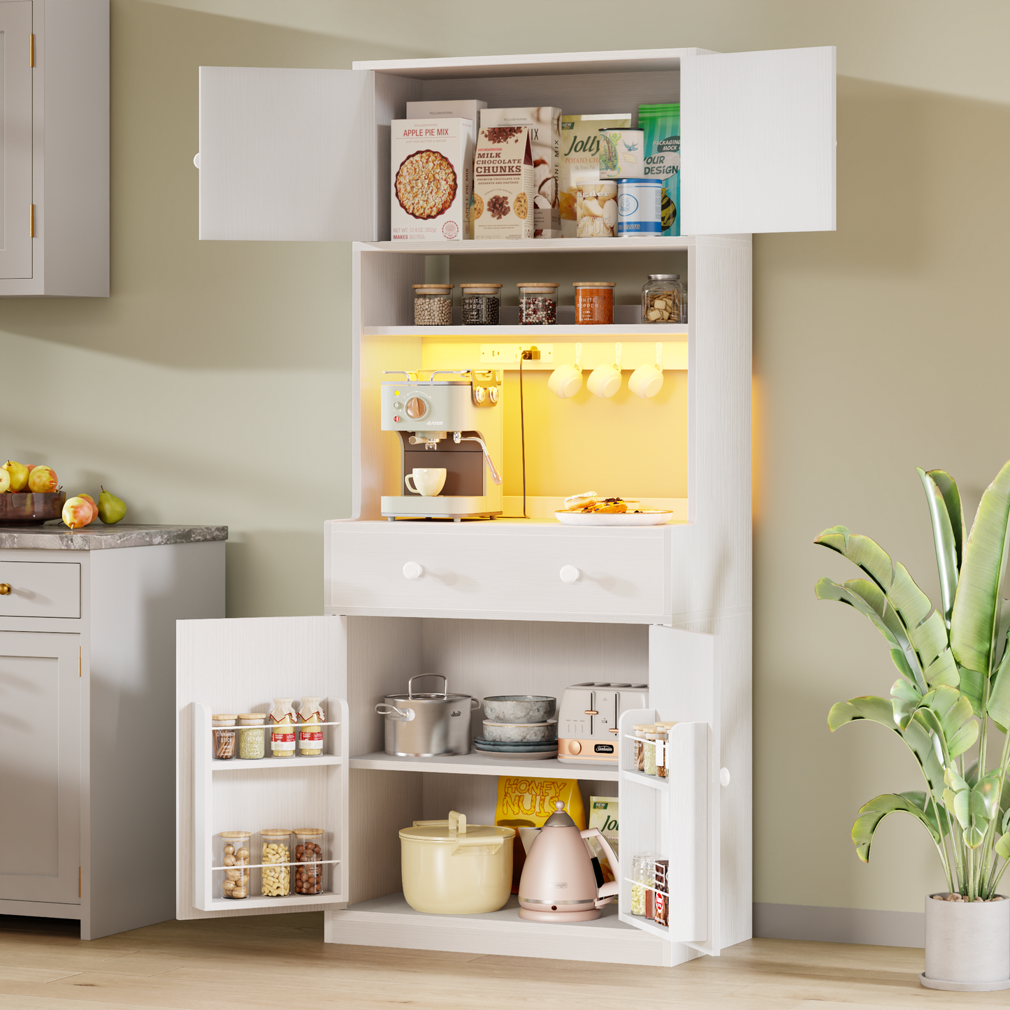 Korfile 71'' Tall White Farmhouse Kitchen Pantry Storage Cabinet Freestanding Microwave Stand with Hutch Doors Drawers for Dining Room Furniture