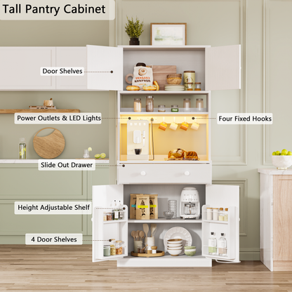 Korfile 71'' Tall White Farmhouse Kitchen Pantry Storage Cabinet Freestanding Microwave Stand with Hutch Doors Drawers for Dining Room Furniture
