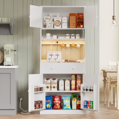 Korfile 71'' Tall White Farmhouse Kitchen Pantry Storage Cabinet Freestanding Microwave Stand with Hutch Doors Drawers for Dining Room Furniture