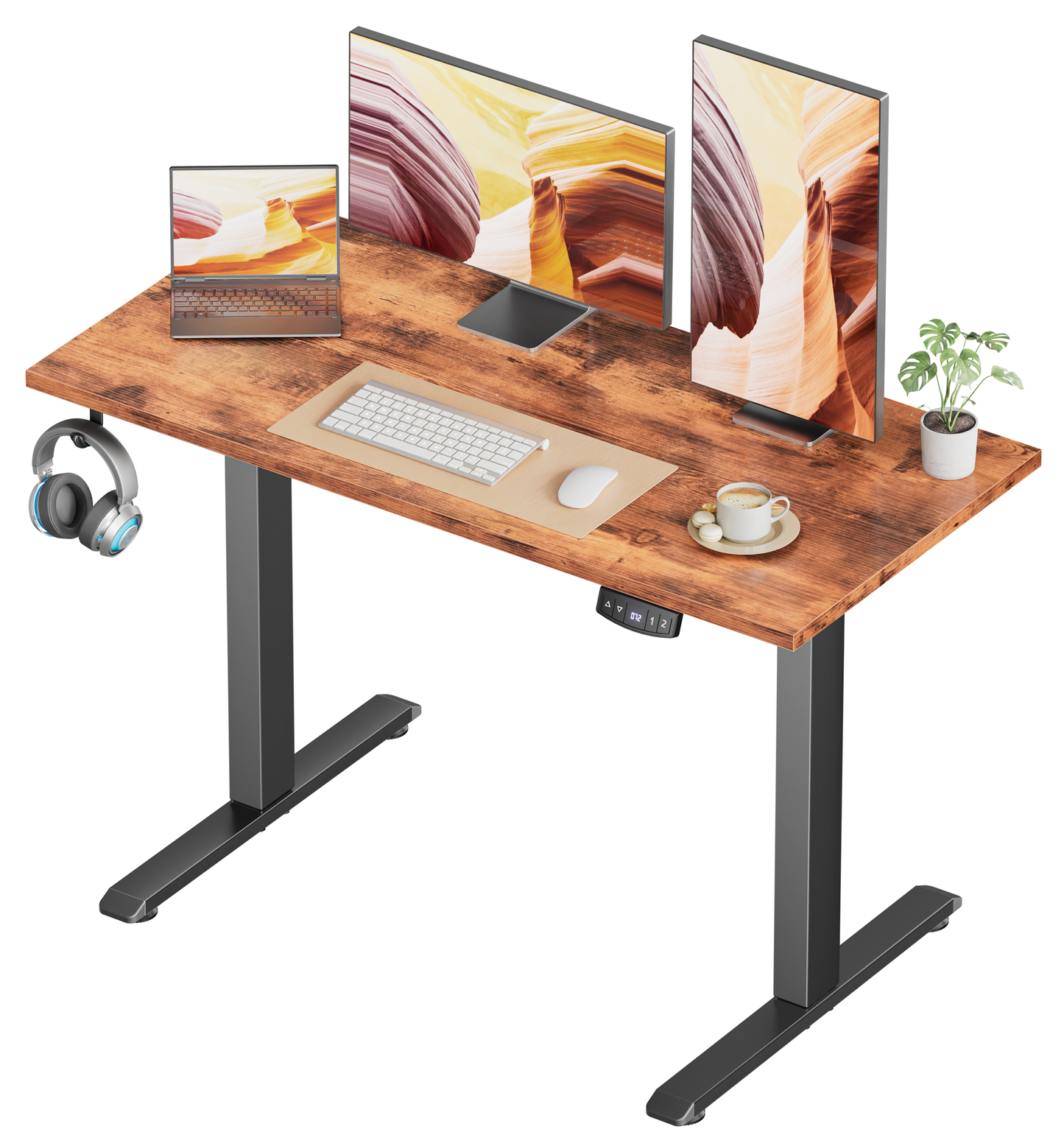 Electric Standing Desk, Sit to Stand Up Computer Desk with Hook, Height Adjustable Rustic Brown