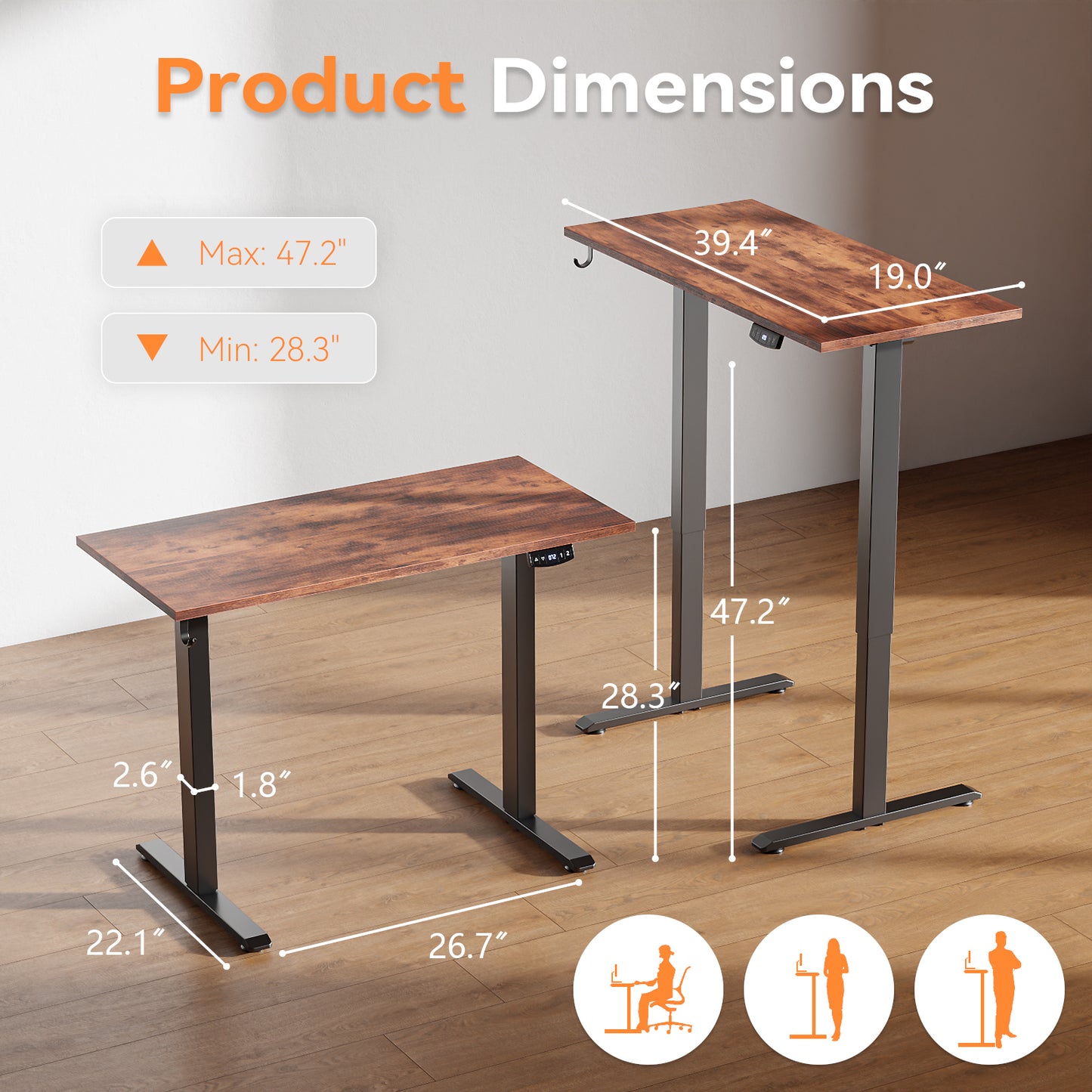Electric Standing Desk, Sit to Stand Up Computer Desk with Hook, Height Adjustable Rustic Brown