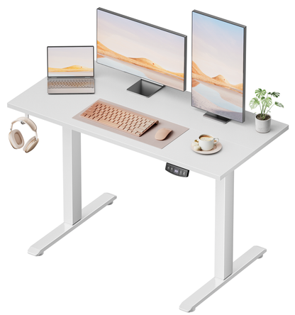 Electric Standing Desk, Sit to Stand Up Computer Desk with Hook, White