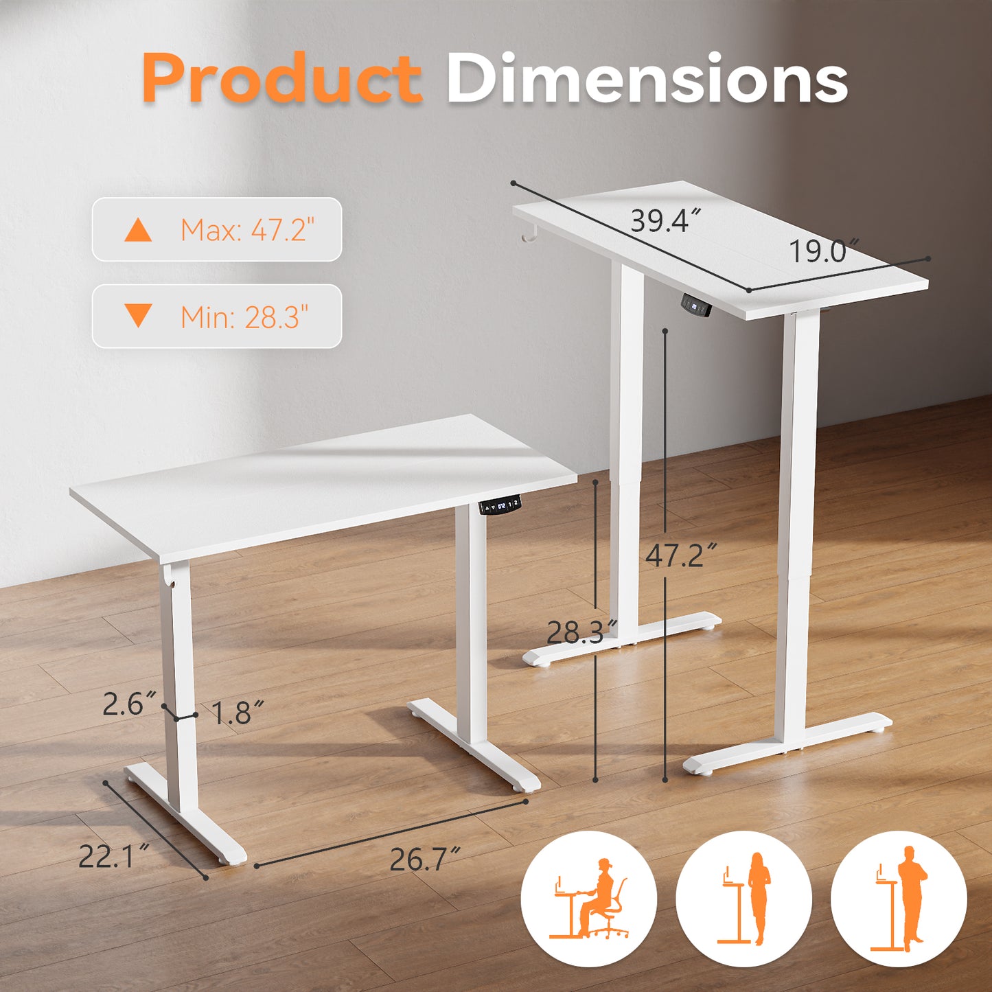 Electric Standing Desk, Sit to Stand Up Computer Desk with Hook, White