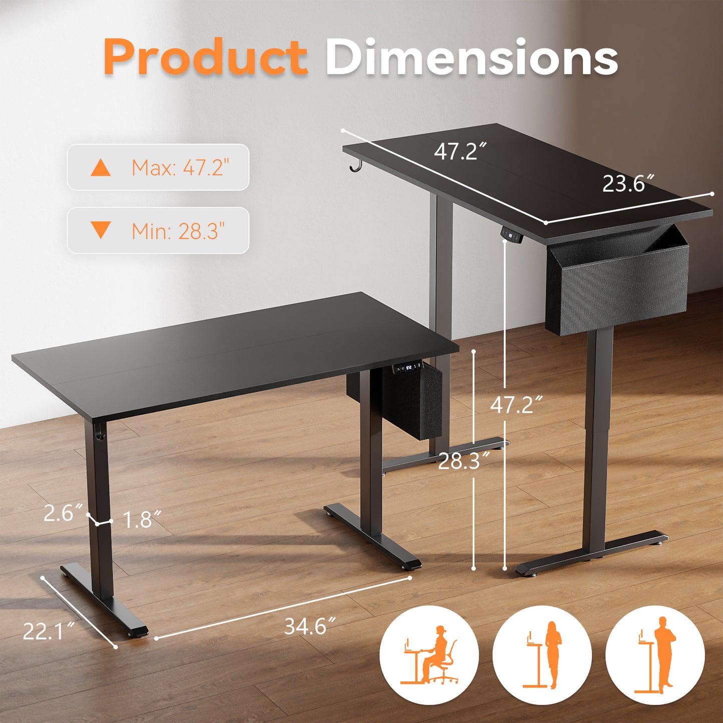 Electric Standing Desk, Sit to Stand Up Computer Desk with Storage Bag, Black
