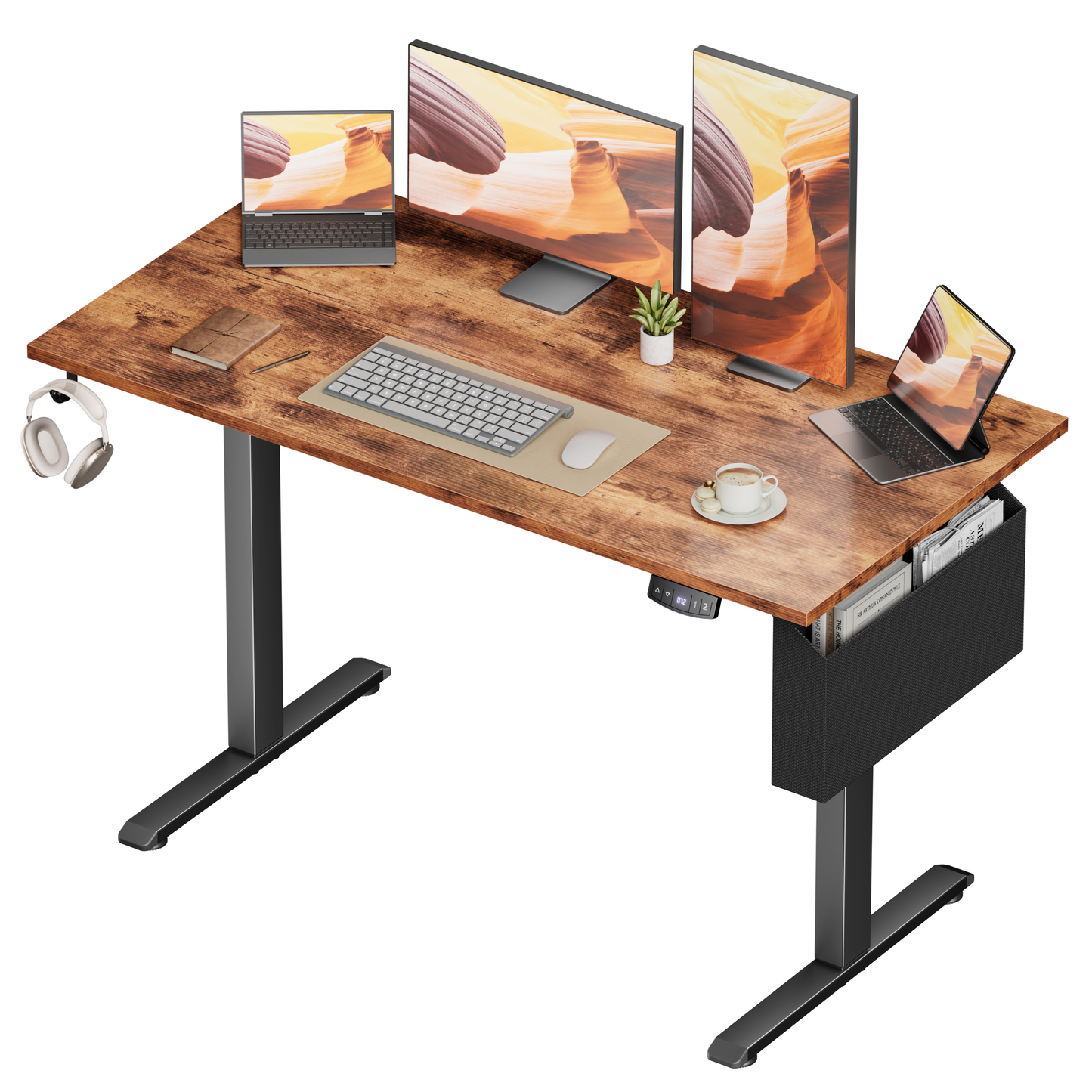 Electric Standing Desk, Sit to Stand Up Computer Desk with Storage Bag, Rustic Brown