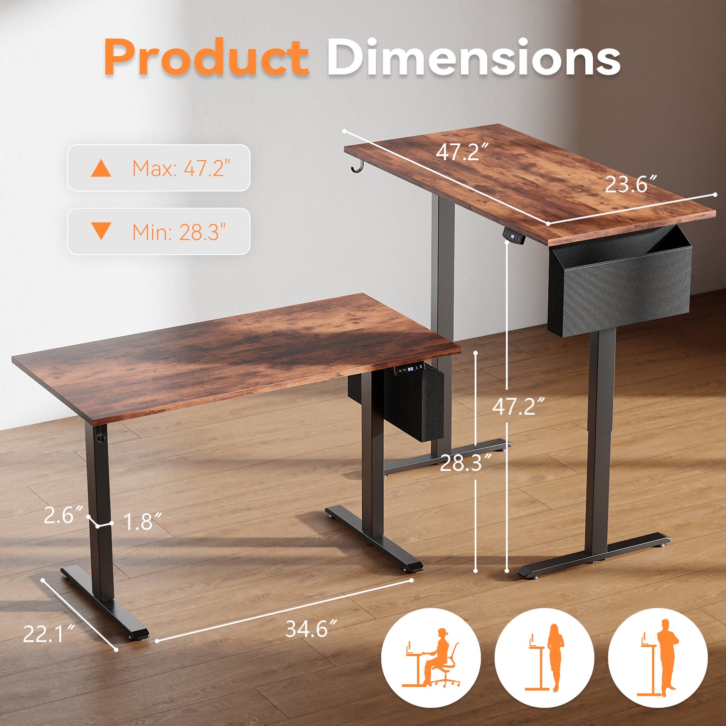 Electric Standing Desk, Sit to Stand Up Computer Desk with Storage Bag, Rustic Brown