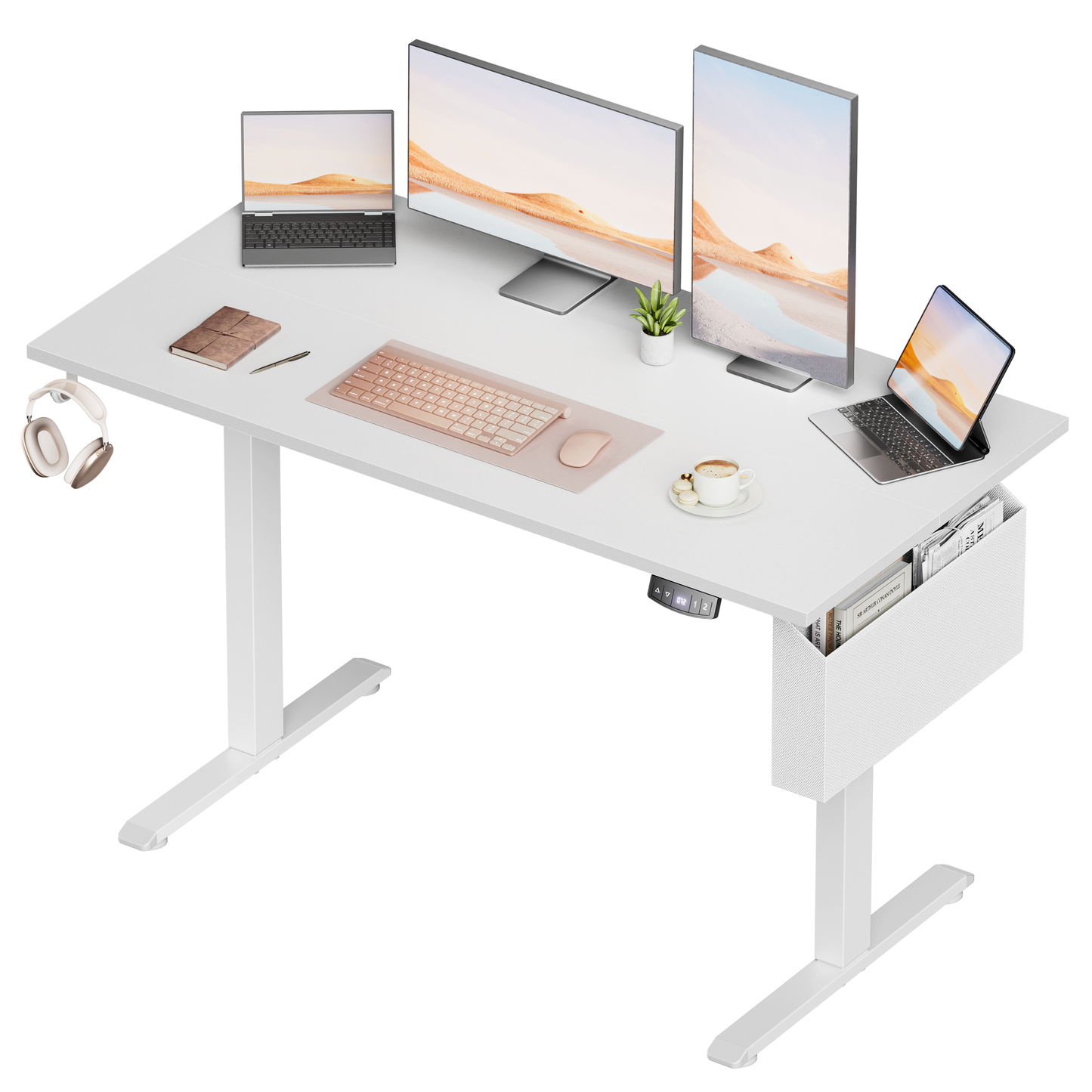 Electric Standing Desk, Sit to Stand Up Computer Desk with Storage Bag, White