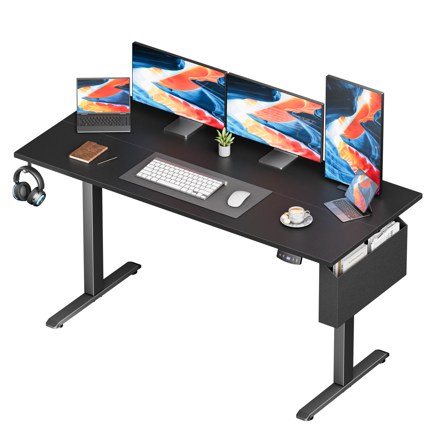 Electric Standing Desk, Sit to Stand Up Computer Desk with Storage Bag 55 x 28 inch Study Table, Black
