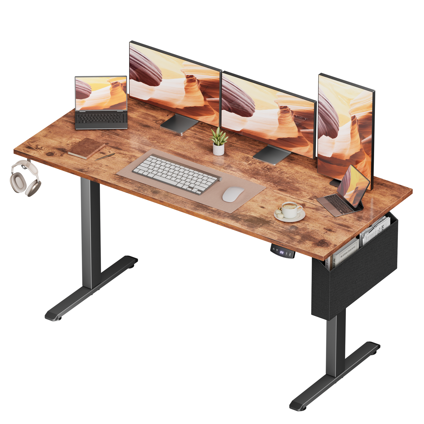 Electric Standing Desk, Sit to Stand Up Computer Desk with Storage Bag 55 x 28 inch Study Table, Rustic Brown