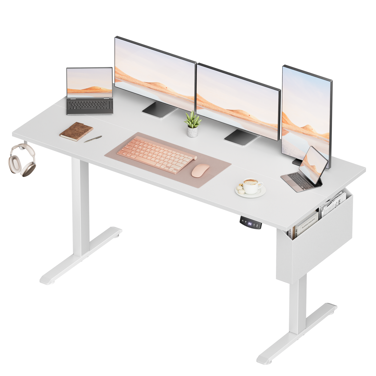 Electric Standing Desk, Sit to Stand Up Computer Desk with Storage Bag 55 x 28 inch Study Table, White