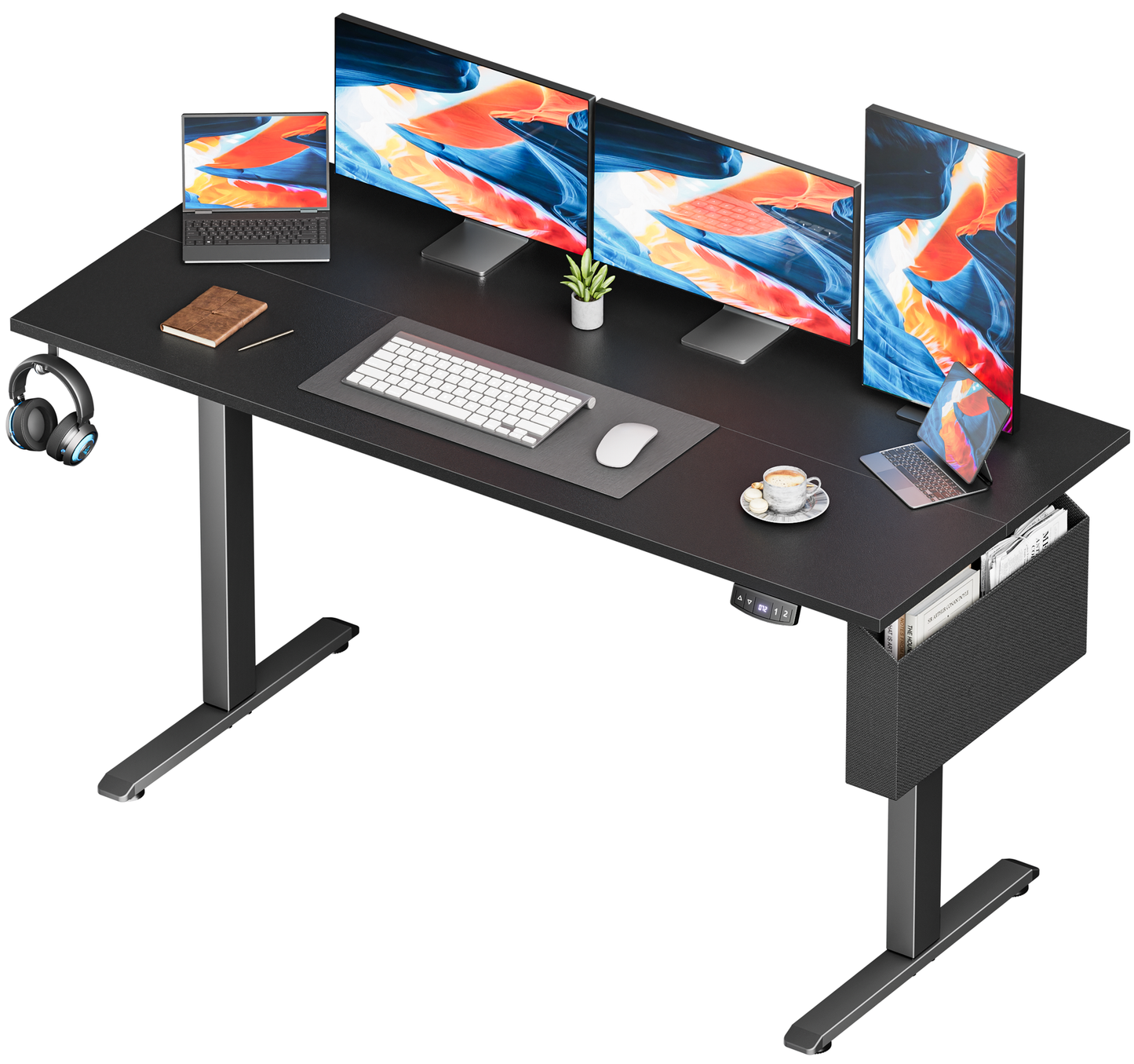 Electric Standing Desk, Sit to Stand Up Computer Desk with Storage Bag, Height Adjustable, 63 x 28 inch Study Table, Black