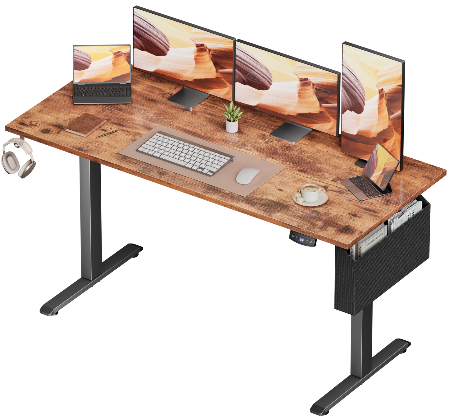 Electric Standing Desk, Sit to Stand Up Computer Desk with Storage Bag, Height Adjustable, 63 x 28 inch Study Table, Rustic Brown