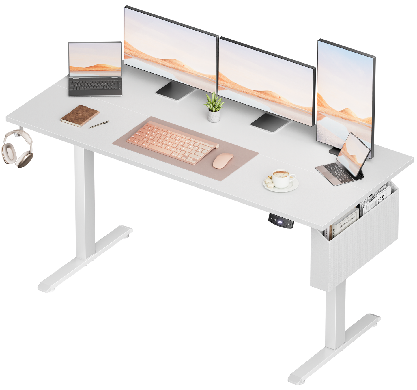 Electric Standing Desk, Sit to Stand Up Computer Desk with Storage Bag, Height Adjustable, 63 x 28 inch Study Table, White