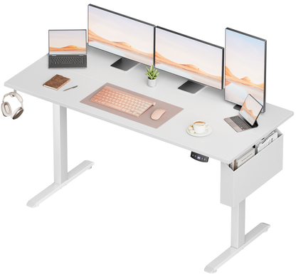 Electric Standing Desk, Sit to Stand Up Computer Desk with Storage Bag, Height Adjustable, 63 x 28 inch Study Table, White