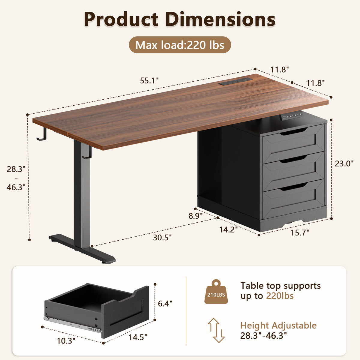 Korfile
 55"
 Standing
 Desk
 with
 Storage
 Drawers,
 Memory
 Presets,
 Outlets