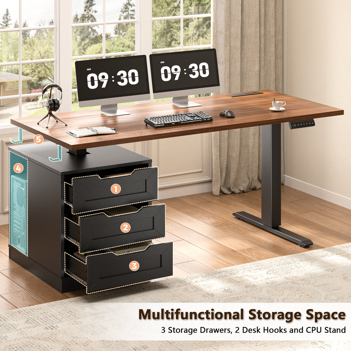 Korfile
 55"
 Standing
 Desk
 with
 Storage
 Drawers,
 Memory
 Presets,
 Outlets