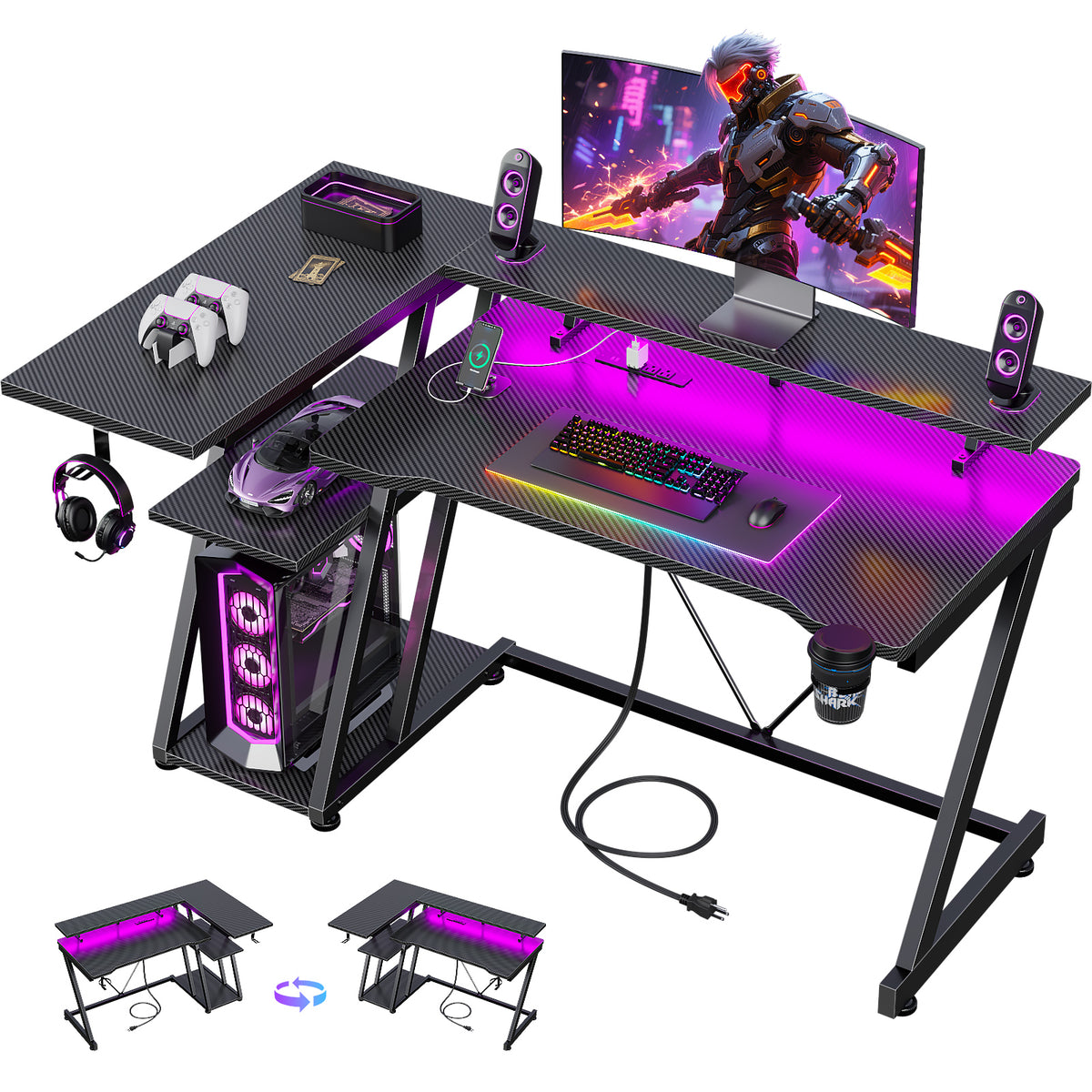 Korfile 39 Inch Gaming Desk with LED & Power Outlet, Carbon Fiber Black | L Shaped Computer Desk, Corner Gamer Table, with Storage Shelves, with Monitor Stand, for Small Space & Gaming Room