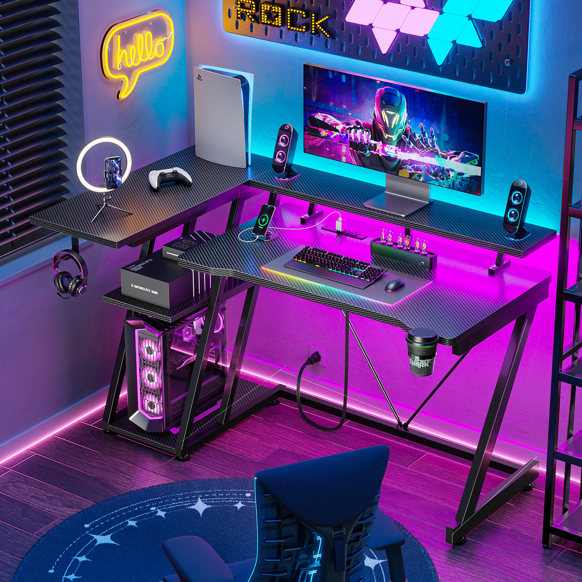 Korfile 39 Inch Gaming Desk with LED & Power Outlet, Carbon Fiber Black | L Shaped Computer Desk, Corner Gamer Table, with Storage Shelves, with Monitor Stand, for Small Space & Gaming Room