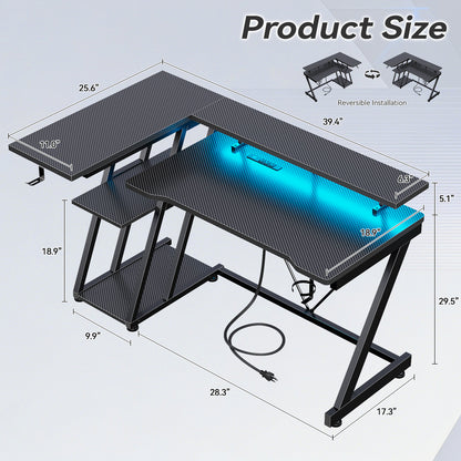 Korfile 39 Inch Gaming Desk with LED & Power Outlet, Carbon Fiber Black | L Shaped Computer Desk, Corner Gamer Table, with Storage Shelves, with Monitor Stand, for Small Space & Gaming Room