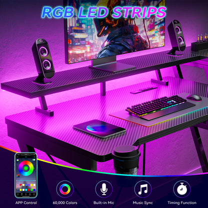 Korfile 39 Inch Gaming Desk with LED & Power Outlet, Carbon Fiber Black | L Shaped Computer Desk, Corner Gamer Table, with Storage Shelves, with Monitor Stand, for Small Space & Gaming Room