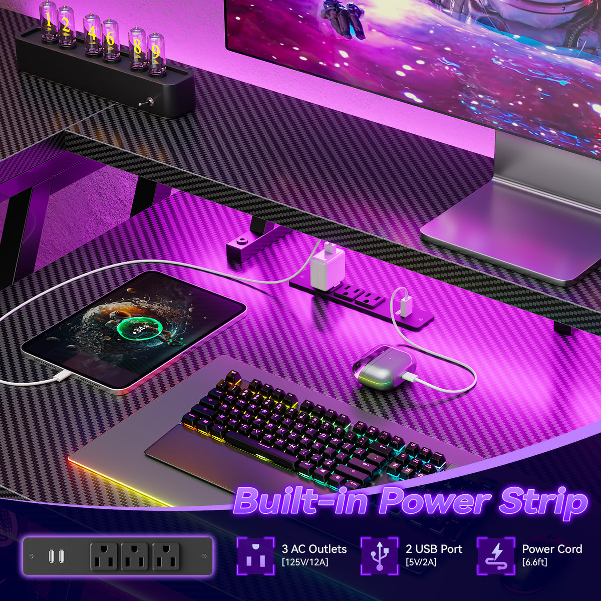 Korfile 39 Inch Gaming Desk with LED & Power Outlet, Carbon Fiber Black | L Shaped Computer Desk, Corner Gamer Table, with Storage Shelves, with Monitor Stand, for Small Space & Gaming Room