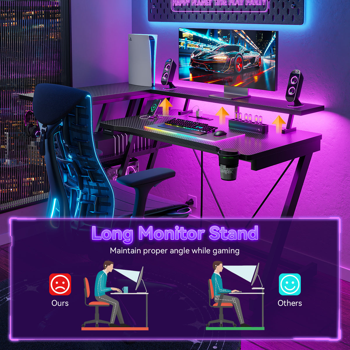 Korfile 39 Inch Gaming Desk with LED & Power Outlet, Carbon Fiber Black | L Shaped Computer Desk, Corner Gamer Table, with Storage Shelves, with Monitor Stand, for Small Space & Gaming Room