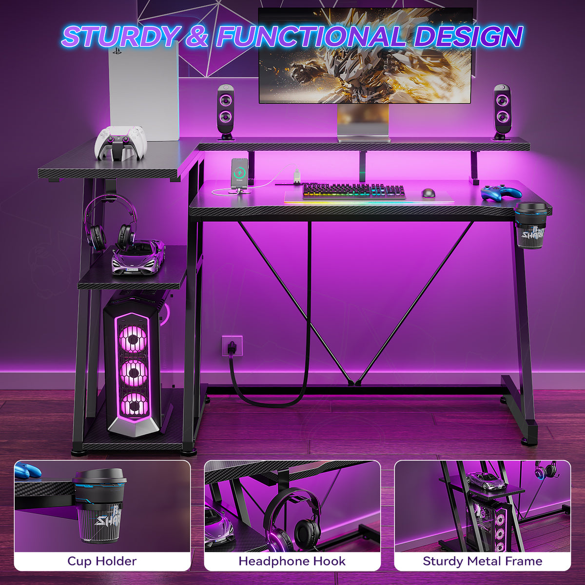 Korfile 39 Inch Gaming Desk with LED & Power Outlet, Carbon Fiber Black | L Shaped Computer Desk, Corner Gamer Table, with Storage Shelves, with Monitor Stand, for Small Space & Gaming Room