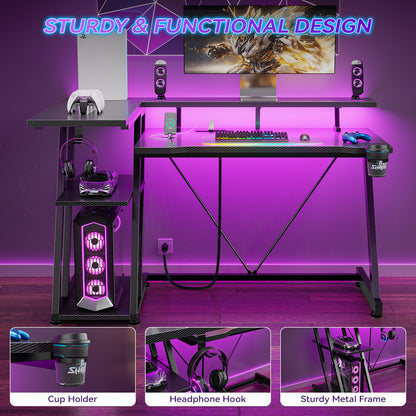 Korfile 39 Inch Gaming Desk with LED & Power Outlet, Carbon Fiber Black | L Shaped Computer Desk, Corner Gamer Table, with Storage Shelves, with Monitor Stand, for Small Space & Gaming Room