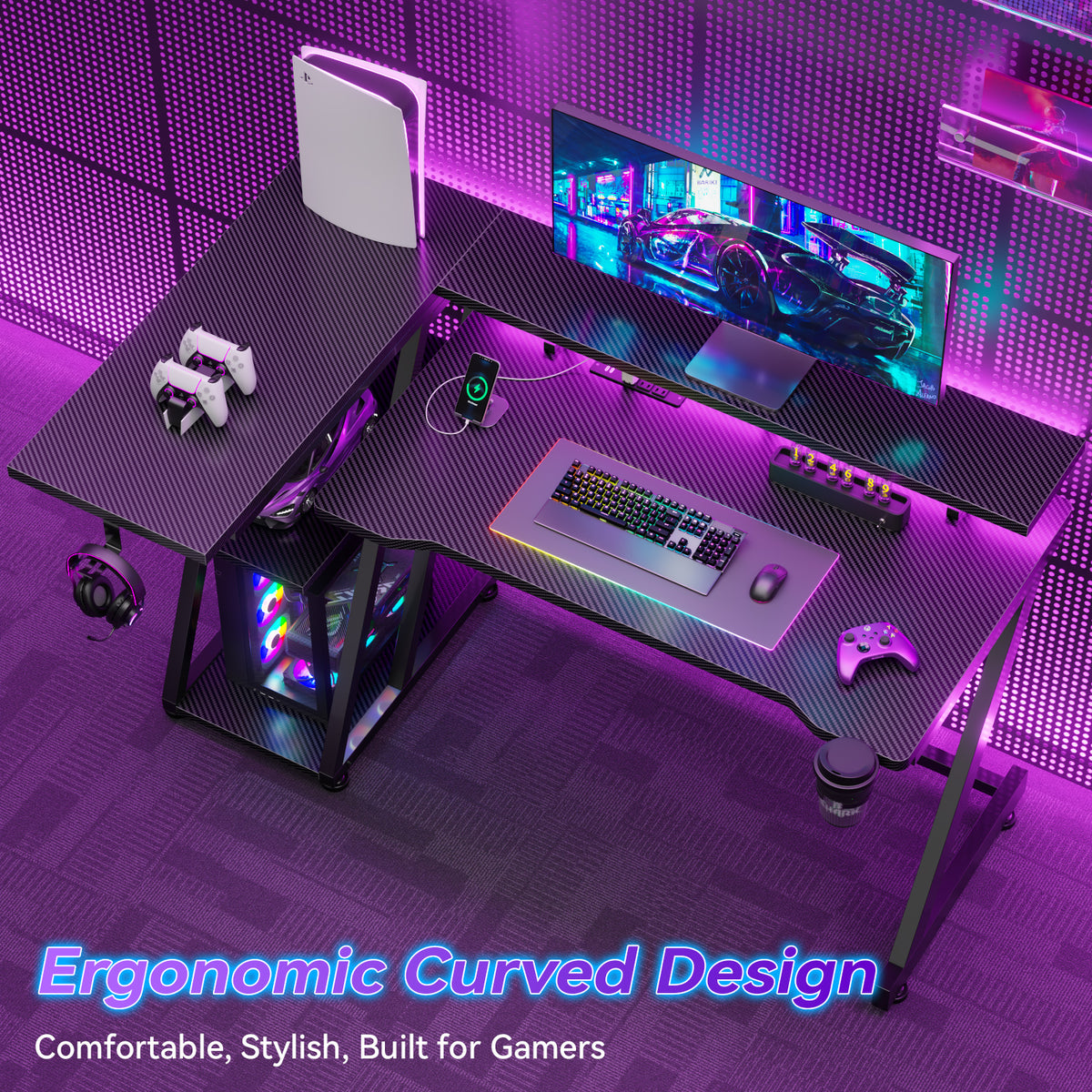Korfile 39 Inch Gaming Desk with LED & Power Outlet, Carbon Fiber Black | L Shaped Computer Desk, Corner Gamer Table, with Storage Shelves, with Monitor Stand, for Small Space & Gaming Room