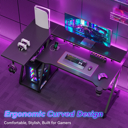 Korfile 39 Inch Gaming Desk with LED & Power Outlet, Carbon Fiber Black | L Shaped Computer Desk, Corner Gamer Table, with Storage Shelves, with Monitor Stand, for Small Space & Gaming Room