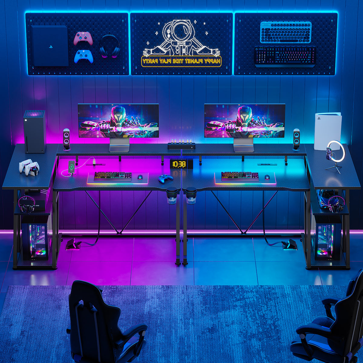 Korfile 39 Inch Gaming Desk with LED & Power Outlet, Carbon Fiber Black | L Shaped Computer Desk, Corner Gamer Table, with Storage Shelves, with Monitor Stand, for Small Space & Gaming Room