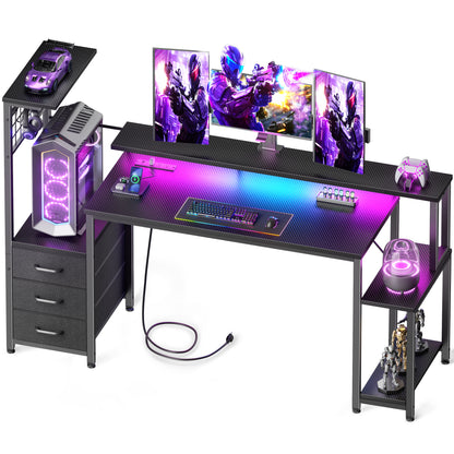 Korfile 55 Inch Gaming Desk with Bluetooth LED Lights & Power Outlets,Computer Desk with Fabric Drawers & Hooks,Reversible Gamer Table with Monitor Stand for Game Room,Home Office,Carbon Fiber Black