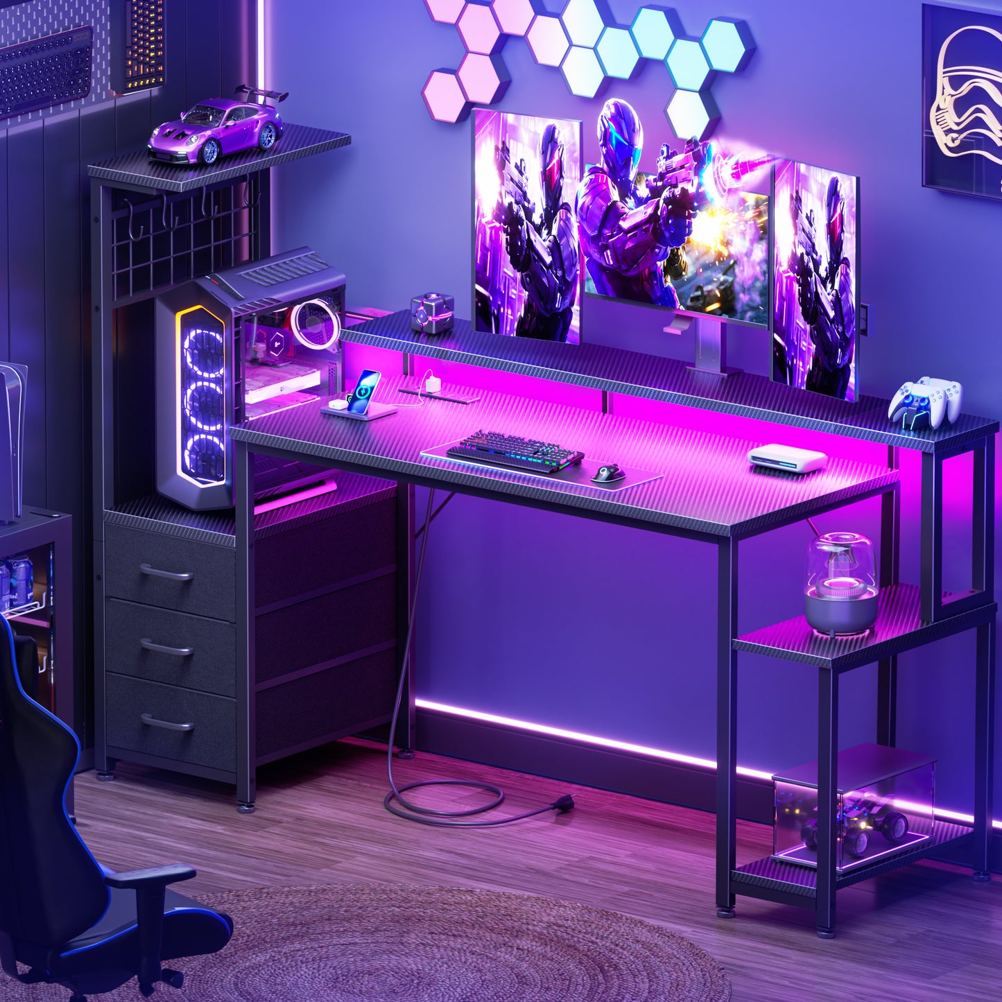 Korfile 55 Inch Gaming Desk with Bluetooth LED Lights & Power Outlets,Computer Desk with Fabric Drawers & Hooks,Reversible Gamer Table with Monitor Stand for Game Room,Home Office,Carbon Fiber Black