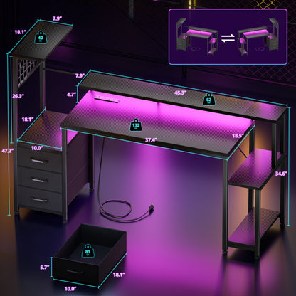 Korfile 55 Inch Gaming Desk with Bluetooth LED Lights & Power Outlets,Computer Desk with Fabric Drawers & Hooks,Reversible Gamer Table with Monitor Stand for Game Room,Home Office,Carbon Fiber Black