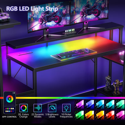 Korfile 55 Inch Gaming Desk with Bluetooth LED Lights & Power Outlets,Computer Desk with Fabric Drawers & Hooks,Reversible Gamer Table with Monitor Stand for Game Room,Home Office,Carbon Fiber Black