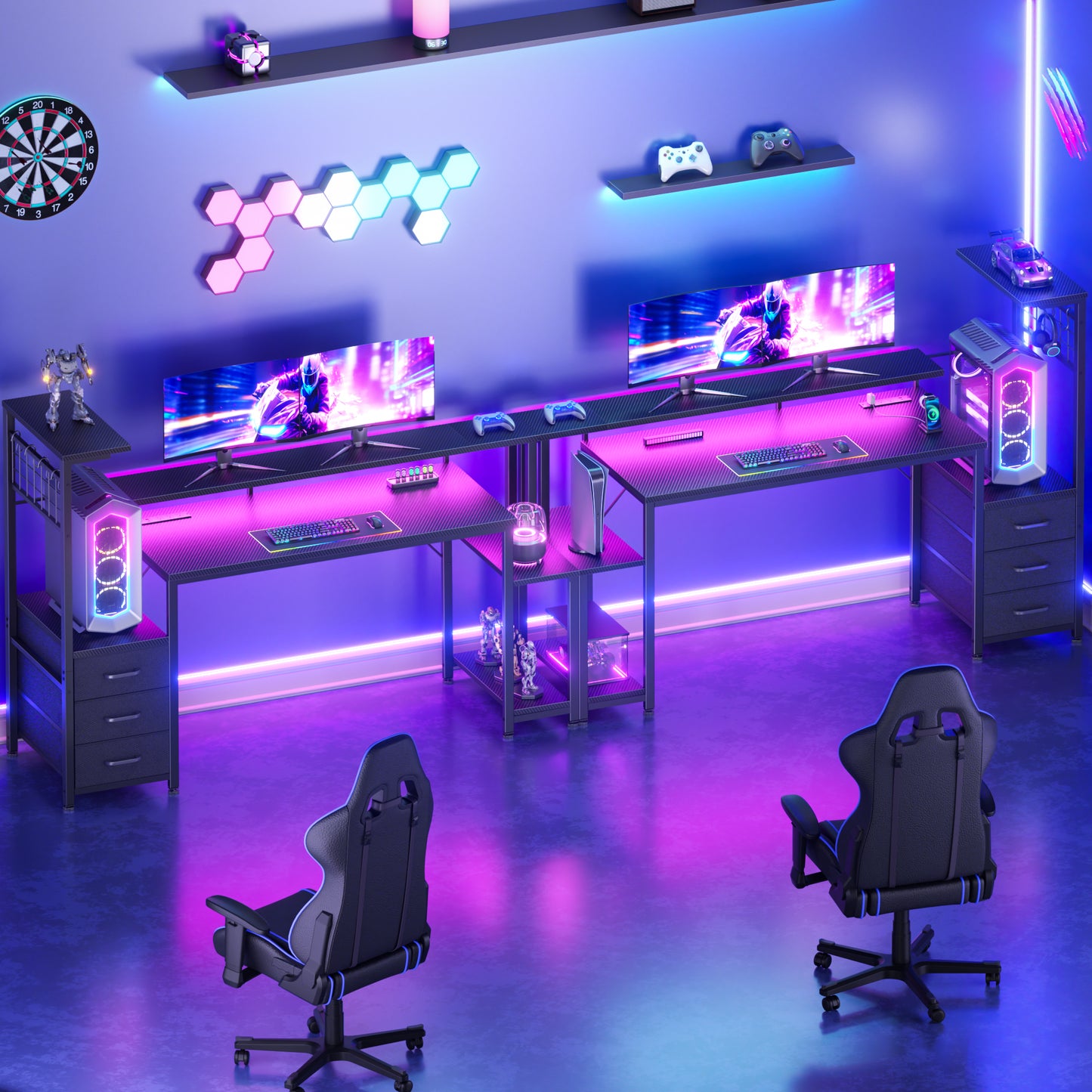 Korfile 55 Inch Gaming Desk with Bluetooth LED Lights & Power Outlets,Computer Desk with Fabric Drawers & Hooks,Reversible Gamer Table with Monitor Stand for Game Room,Home Office,Carbon Fiber Black
