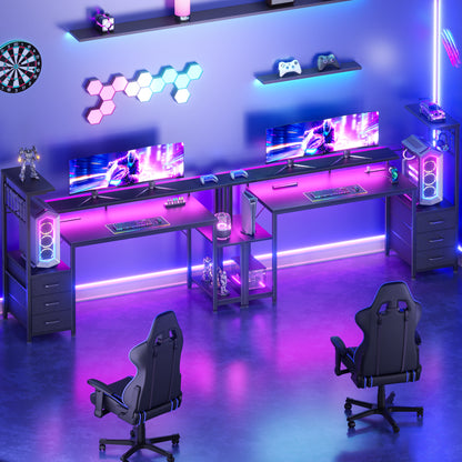 Korfile 55 Inch Gaming Desk with Bluetooth LED Lights & Power Outlets,Computer Desk with Fabric Drawers & Hooks,Reversible Gamer Table with Monitor Stand for Game Room,Home Office,Carbon Fiber Black