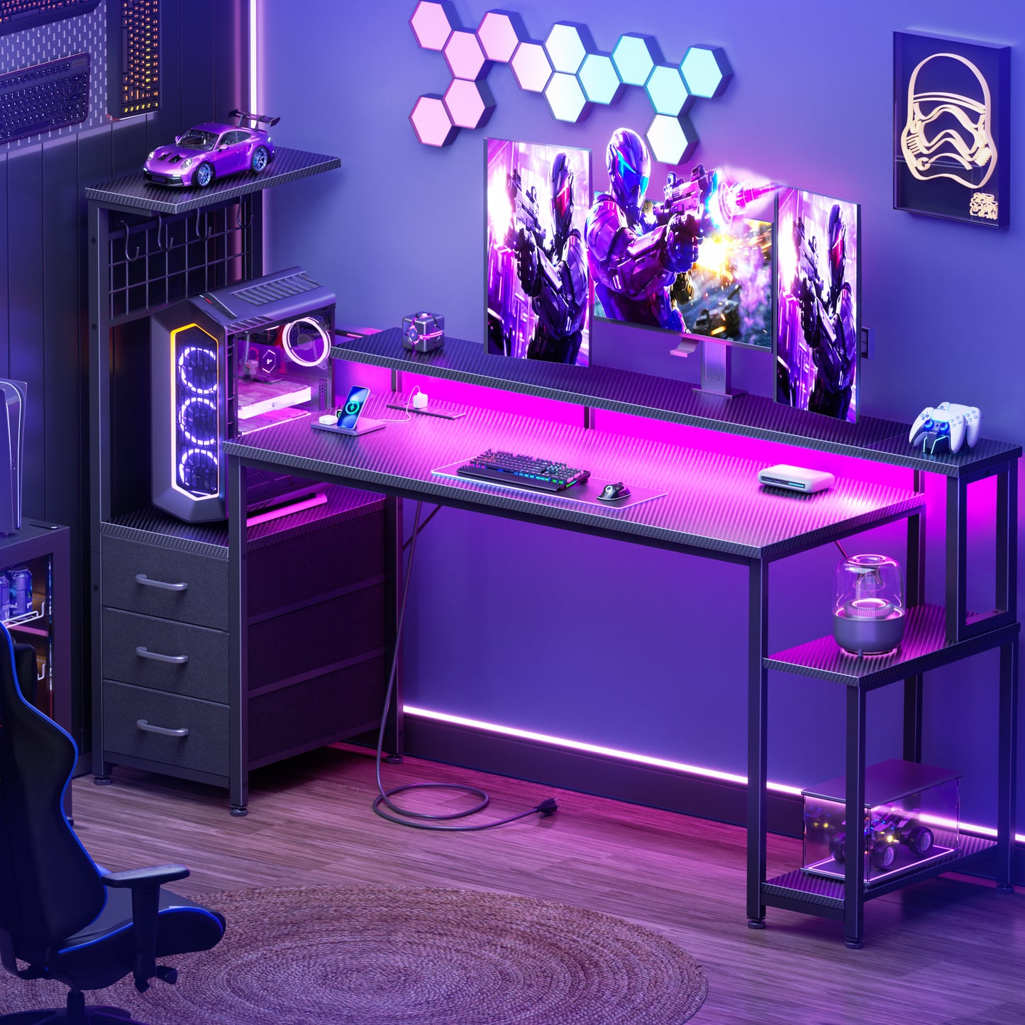 Korfile 63 Inch Gaming Desk with Bluetooth LED Lights & Power Outlets,Computer Desk with Fabric Drawers & Hooks,Reversible Gamer Table with Monitor Stand for Game Room,Home Office,Carbon Fiber Black