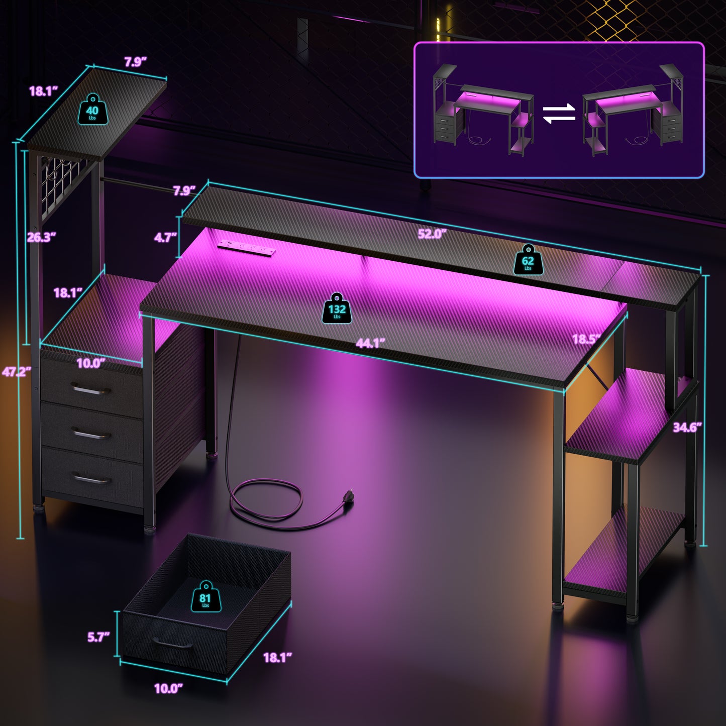 Korfile 63 Inch Gaming Desk with Bluetooth LED Lights & Power Outlets,Computer Desk with Fabric Drawers & Hooks,Reversible Gamer Table with Monitor Stand for Game Room,Home Office,Carbon Fiber Black