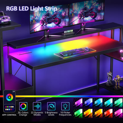 Korfile 63 Inch Gaming Desk with Bluetooth LED Lights & Power Outlets,Computer Desk with Fabric Drawers & Hooks,Reversible Gamer Table with Monitor Stand for Game Room,Home Office,Carbon Fiber Black