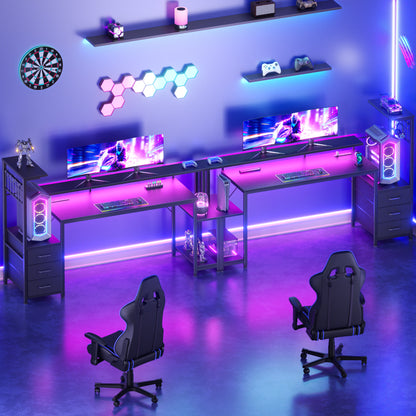 Korfile 63 Inch Gaming Desk with Bluetooth LED Lights & Power Outlets,Computer Desk with Fabric Drawers & Hooks,Reversible Gamer Table with Monitor Stand for Game Room,Home Office,Carbon Fiber Black
