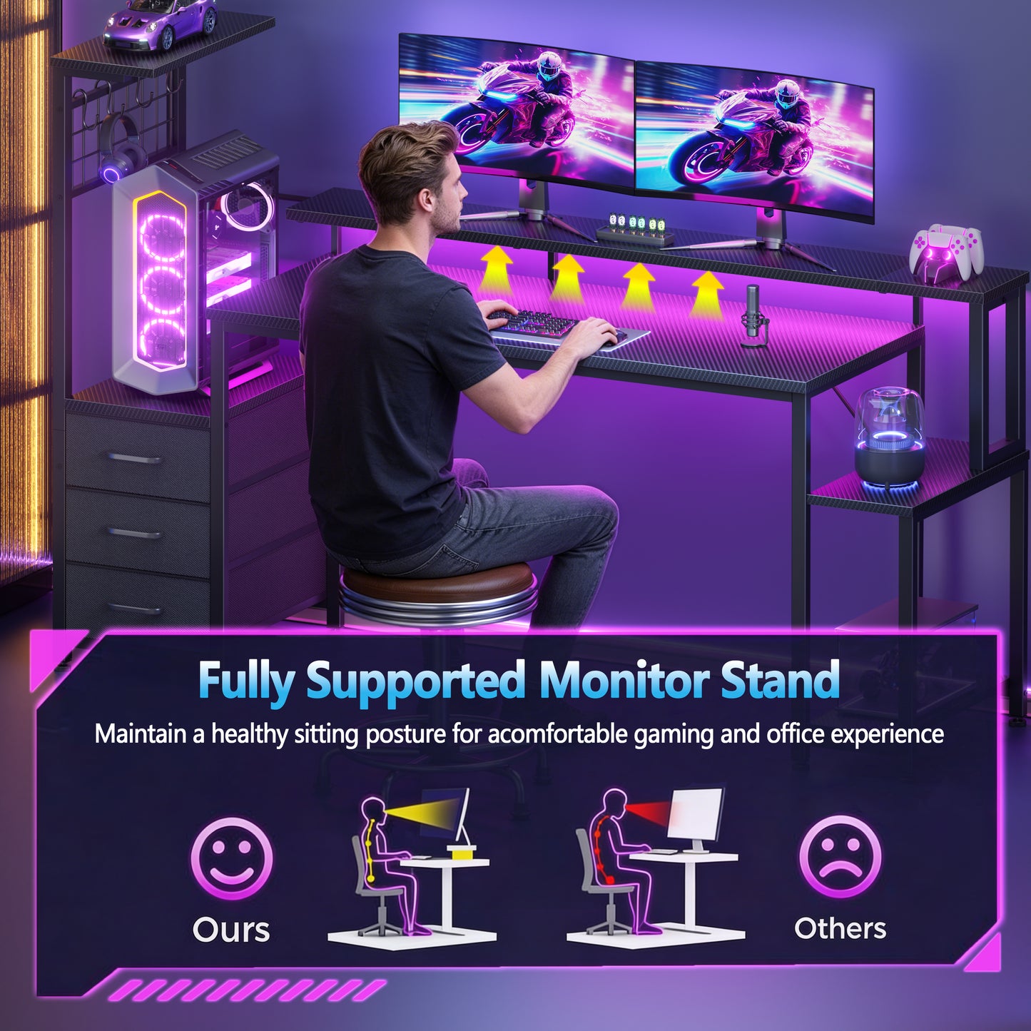 Korfile 63 Inch Gaming Desk with Bluetooth LED Lights & Power Outlets,Computer Desk with Fabric Drawers & Hooks,Reversible Gamer Table with Monitor Stand for Game Room,Home Office,Carbon Fiber Black