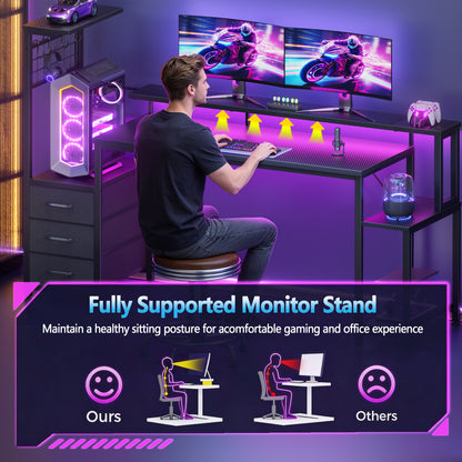 Korfile 63 Inch Gaming Desk with Bluetooth LED Lights & Power Outlets,Computer Desk with Fabric Drawers & Hooks,Reversible Gamer Table with Monitor Stand for Game Room,Home Office,Carbon Fiber Black