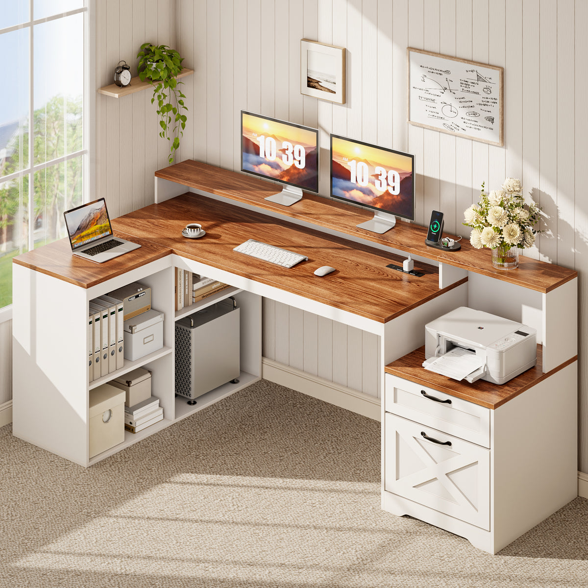 Korfile 59" L Shaped Desk with Drawers, Farmhouse Executive Desk with File Cabinet & Power Outlet, Computer Desk with Monitor Stand for Home Office, Corner Desk with Storage Shelves, Brown and White