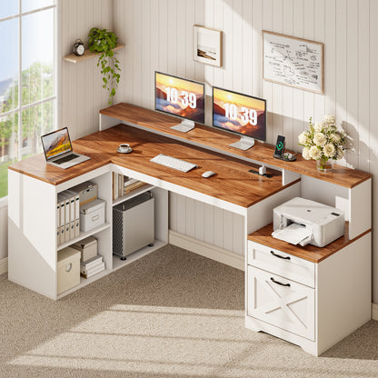 Korfile 59" L Shaped Desk with Drawers, Farmhouse Executive Desk with File Cabinet & Power Outlet, Computer Desk with Monitor Stand for Home Office, Corner Desk with Storage Shelves, Brown and White
